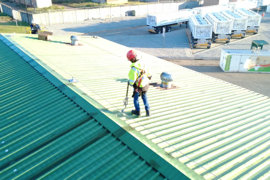 metal roof lifeline installation in use on green roof at CNG Holdings Roodepoort